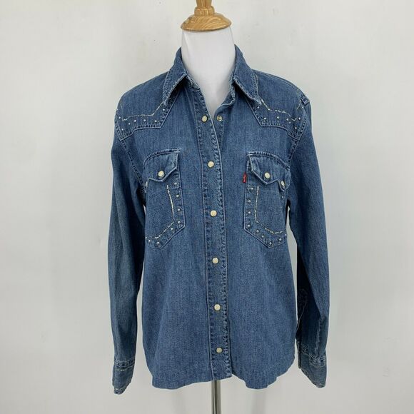 Vintage Levi's Pearl Snap Chambray Top Size M Studded Silver Streak Pockets - Picture 2 of 10